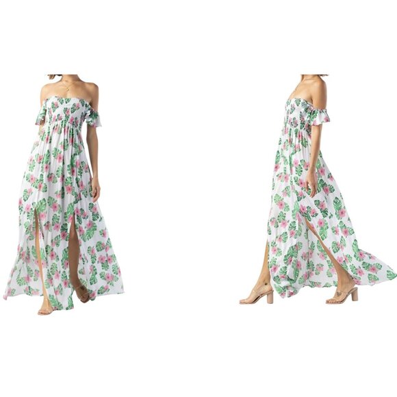 Tiare Hawaii Hollie Maxi Dress OS Tahitian Hibiscus Smocked Slits Vacation Beach - Picture 3 of 15